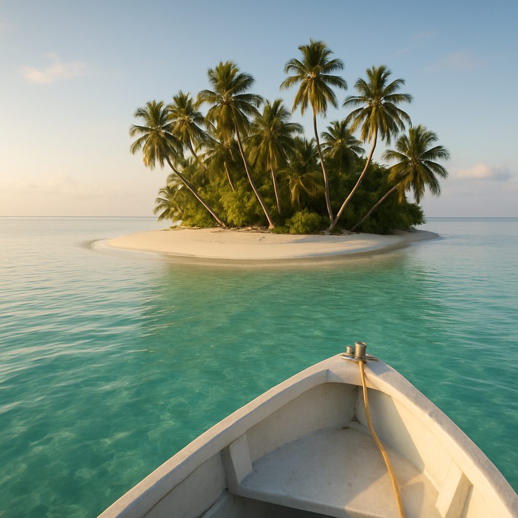 îlot tropical vu depuis un bateau, eau peu profonde turquoise, sable blanc bordé de cocotiers penchés, tôt le matin sans autre embarcation visible