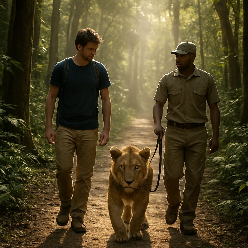 un visiteur marchant sur un sentier forestier tropical aux côtés d'un jeune lion tenu en laisse par un guide, lumière de fin de matinée filtrant à travers les arbres