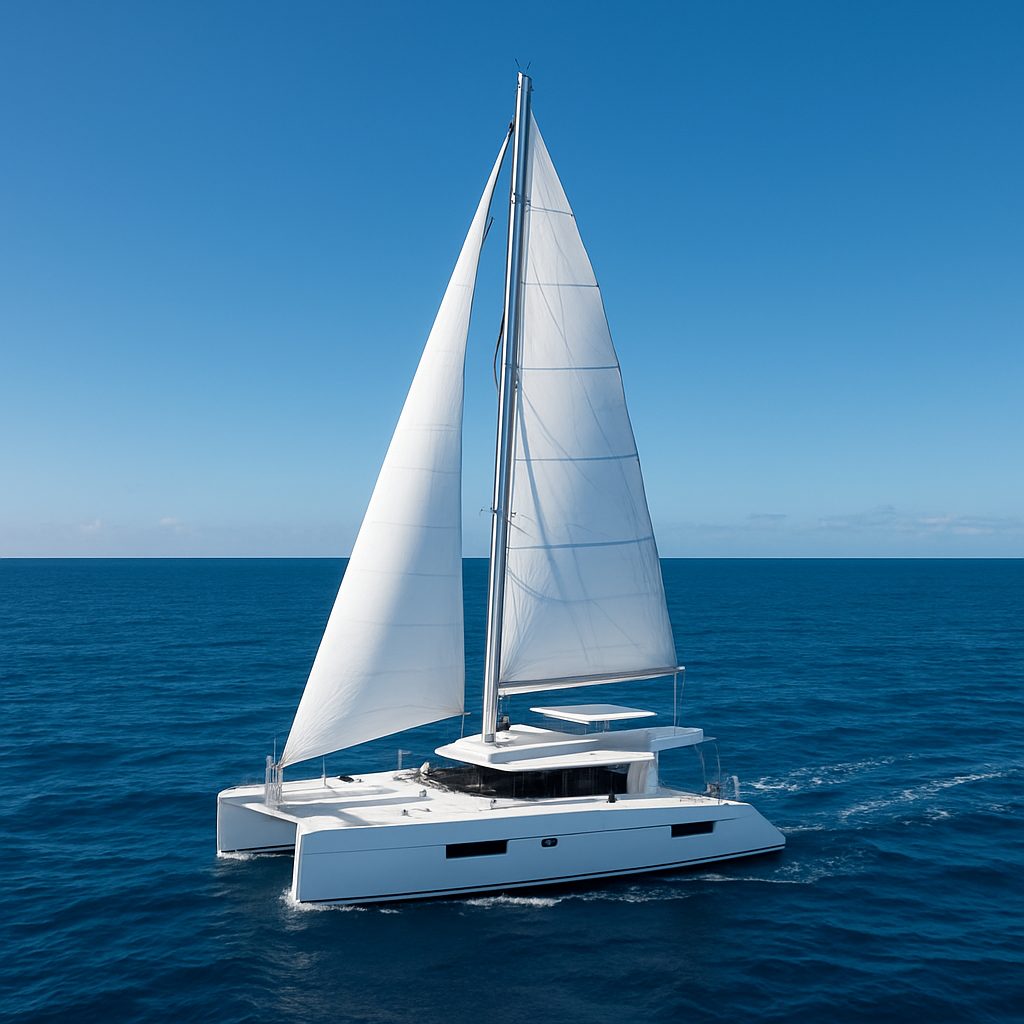 catamaran de croisière blanc naviguant en pleine mer sous un ciel dégagé, voiles déployées, océan bleu profond du canal entre la Réunion et Maurice