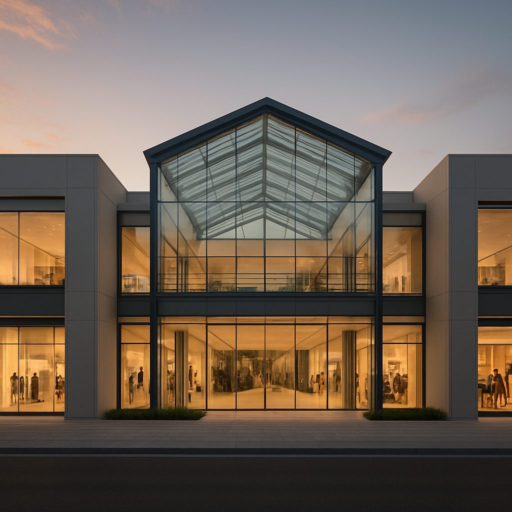 façade moderne et épurée d'un centre commercial haut de gamme à l'île Maurice, avec verrière et boutiques de marques éclairées en fin de journée