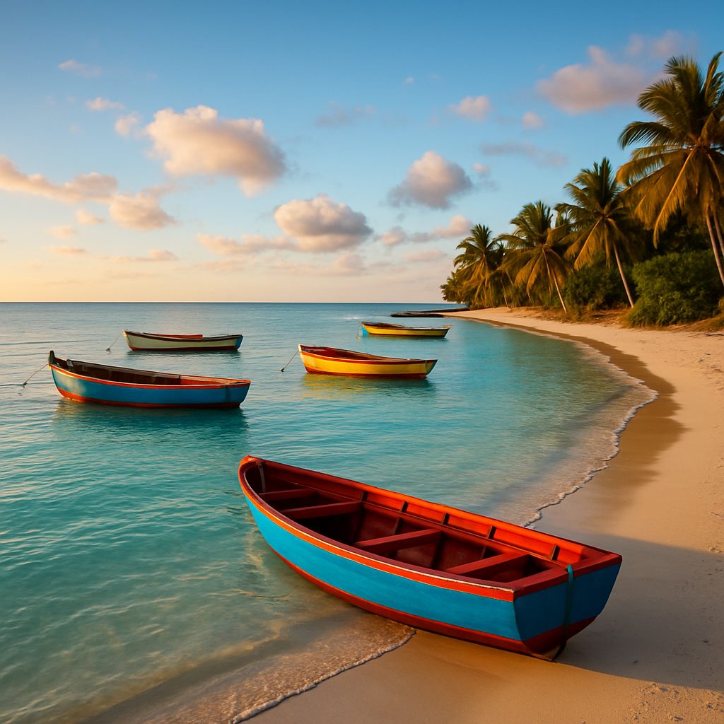 lagon calme et turquoise bordé d'une plage étroite avec des bateaux de pêcheurs mauriciens en fin de journée