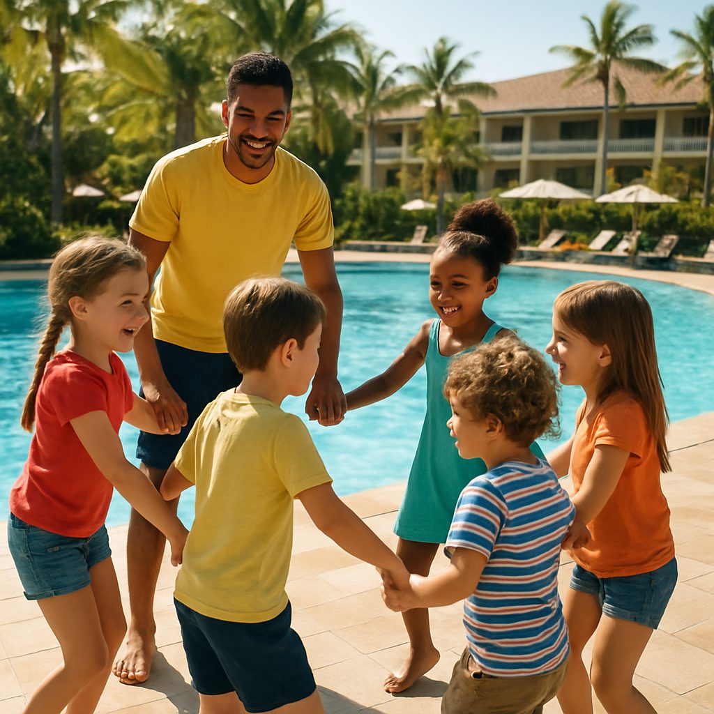 enfants jouant en groupe encadrés par un animateur près d'une piscine d'hôtel tropical en pleine journée