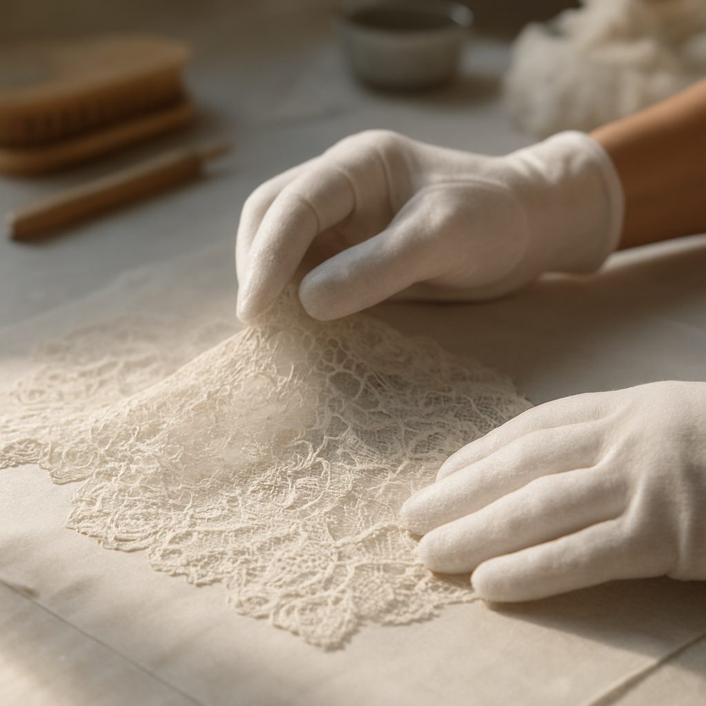 gros plan sur des mains gantées de professionnel manipulant délicatement de la dentelle blanche fine sur une table de travail éclairée, atelier de nettoyage textile