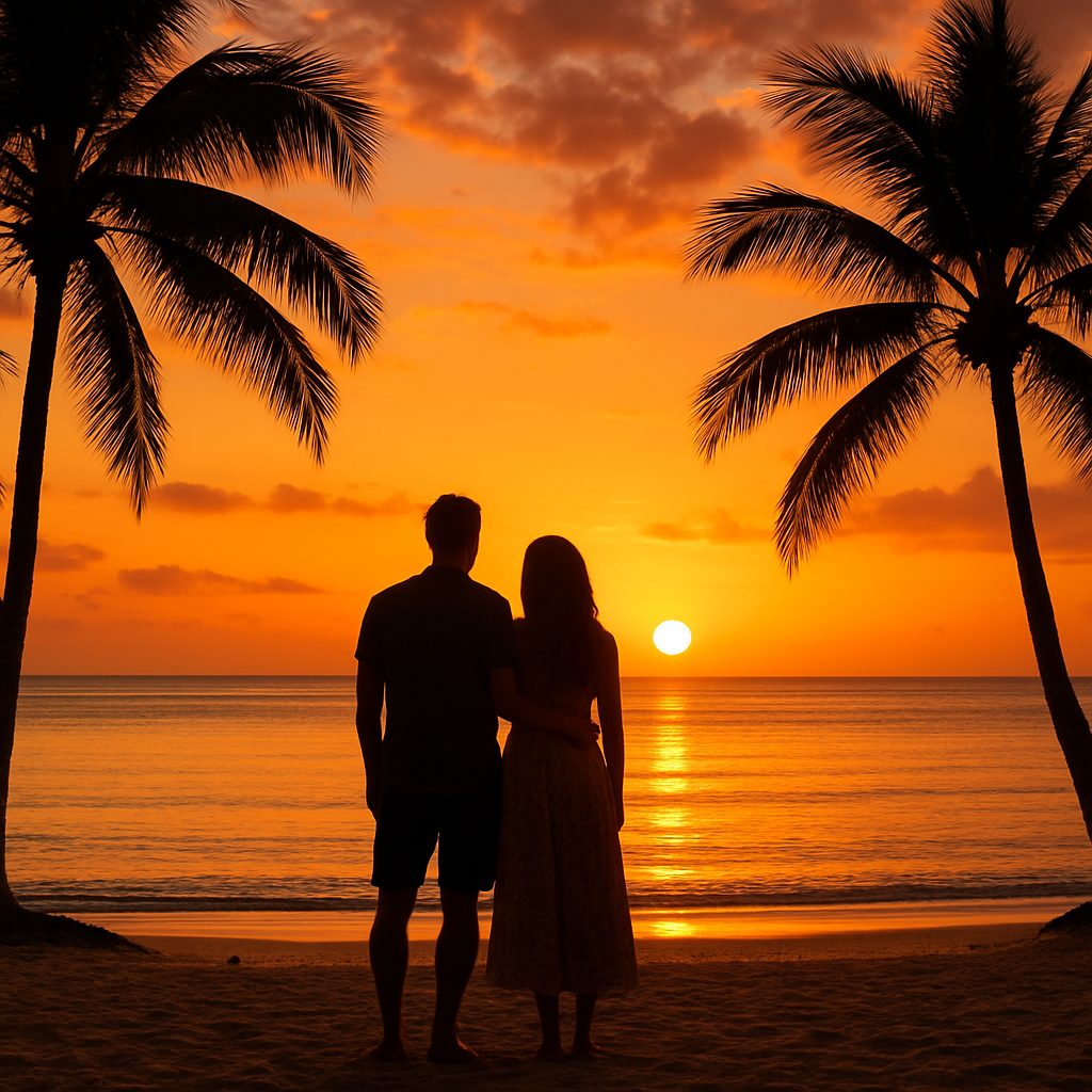 couple observant le coucher de soleil depuis une plage de la côte ouest de l'île Maurice, palmiers en silhouette, ciel orangé