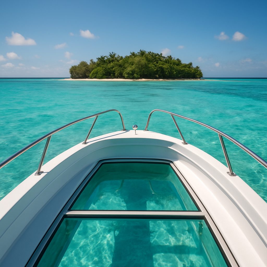 bateau à fond de verre naviguant vers l'Île aux Cerfs sur un lagon turquoise, île Maurice, journée ensoleillée