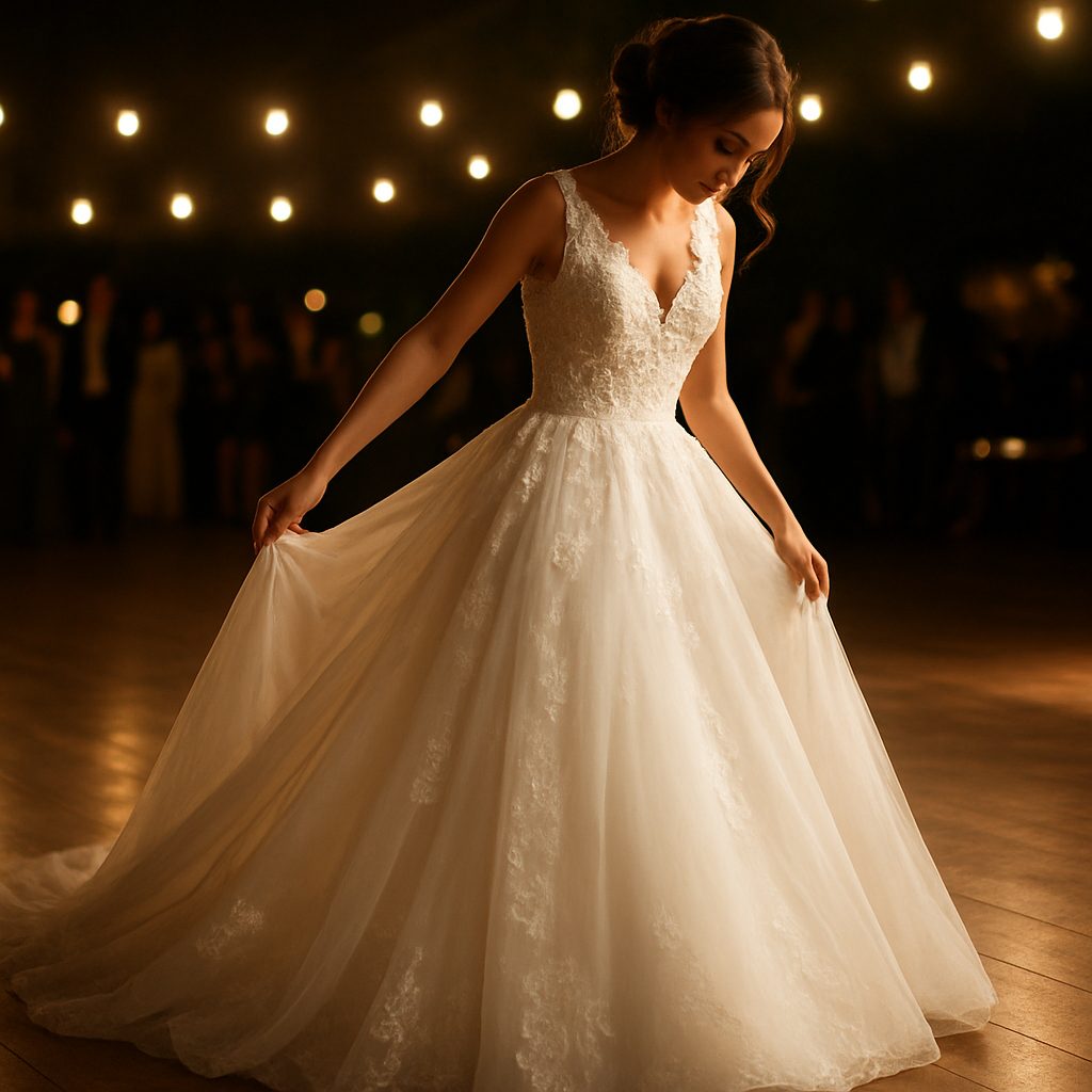 mariée en robe princesse relevant discrètement sa traîne grâce à un crochet dissimulé sous la jupe, sur une piste de danse éclairée en soirée