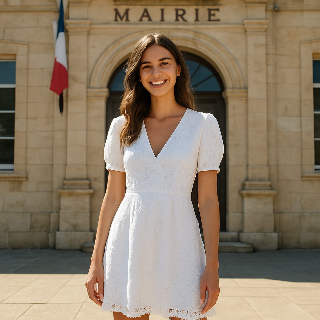 jeune femme souriante portant une robe courte brodée blanche, debout devant l'entrée d'une mairie ensoleillée