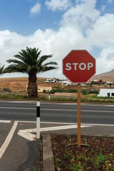 panneau stop discret à une intersection rurale mauricienne bordée de canne à sucre, route étroite sans marquage visible, lumière de fin d'après-midi