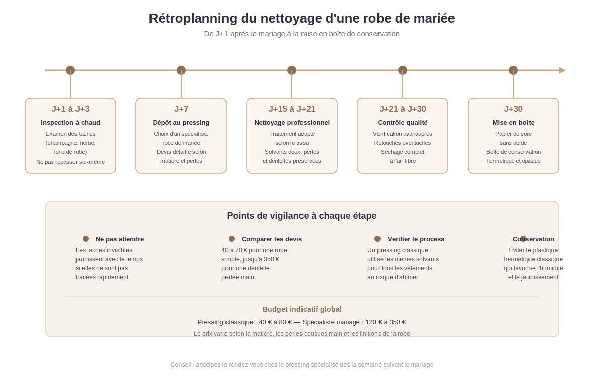 rétroplanning du nettoyage d'une robe de mariée après le mariage, de J+1 à la remise en boîte de conservation