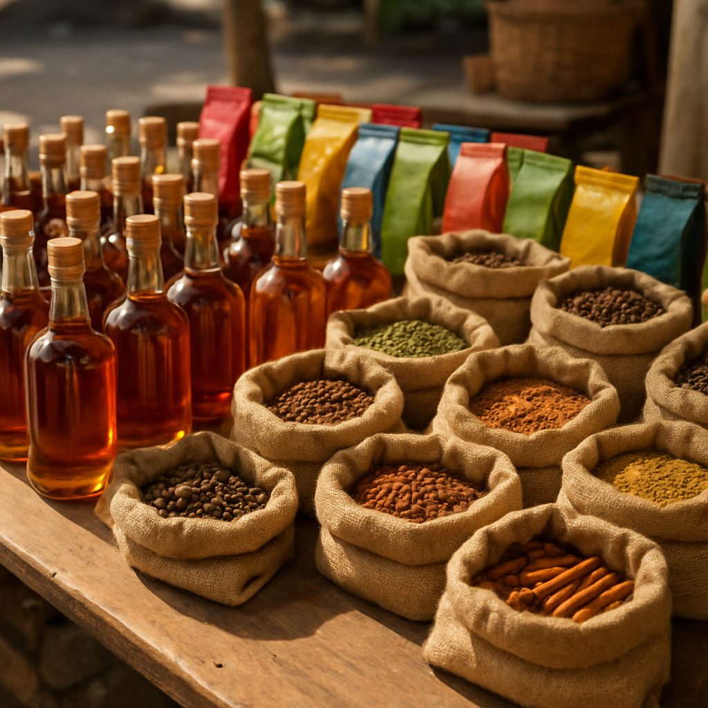étal de marché mauricien exposant des bouteilles de rhum artisanal, des sachets de thé Bois Chéri et des épices en vrac, lumière chaude de fin de matinée