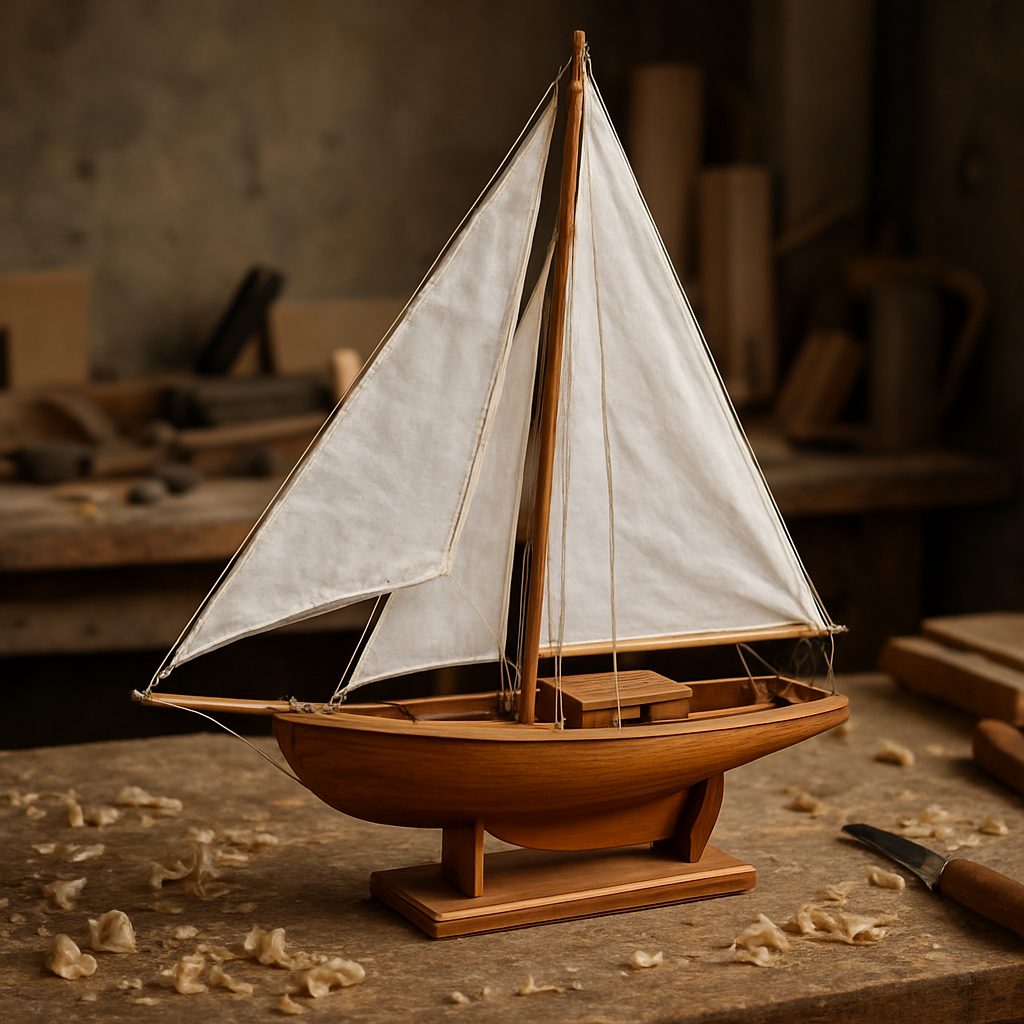 maquette de voilier en bois verni posée sur une table d'atelier, voiles blanches cousues main, copeaux de bois et outils de sculpture visibles en arrière-plan