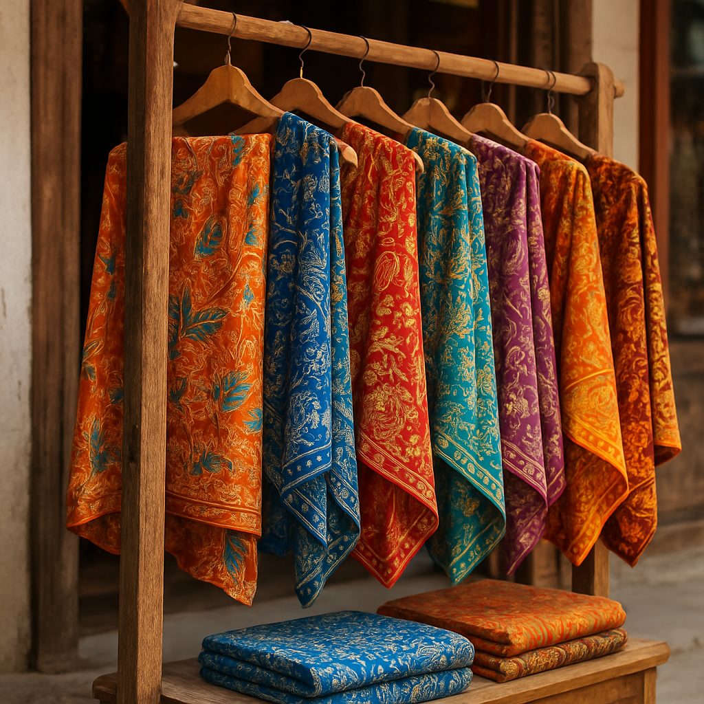 paréos en coton batik aux motifs colorés suspendus et pliés sur un présentoir en bois dans une boutique artisanale ouverte sur la rue