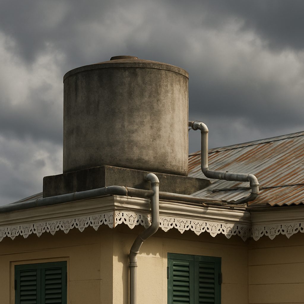 citerne d'eau en béton posée sur le toit d'une maison créole mauricienne, tuyaux visibles, ciel chargé de nuages en arrière-plan