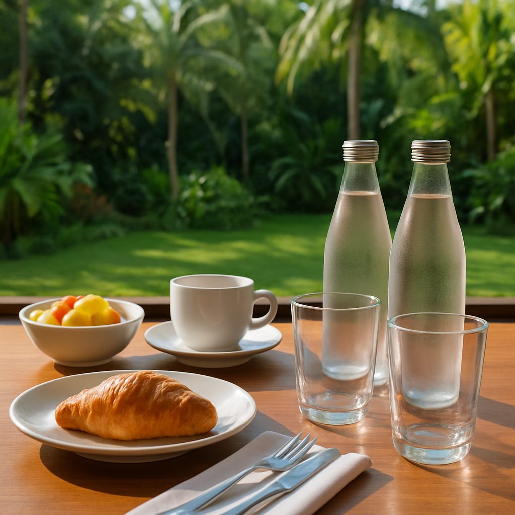 table de petit-déjeuner d'hôtel avec deux bouteilles d'eau minérale posées à côté de verres, terrasse ouverte sur un jardin tropical en arrière-plan