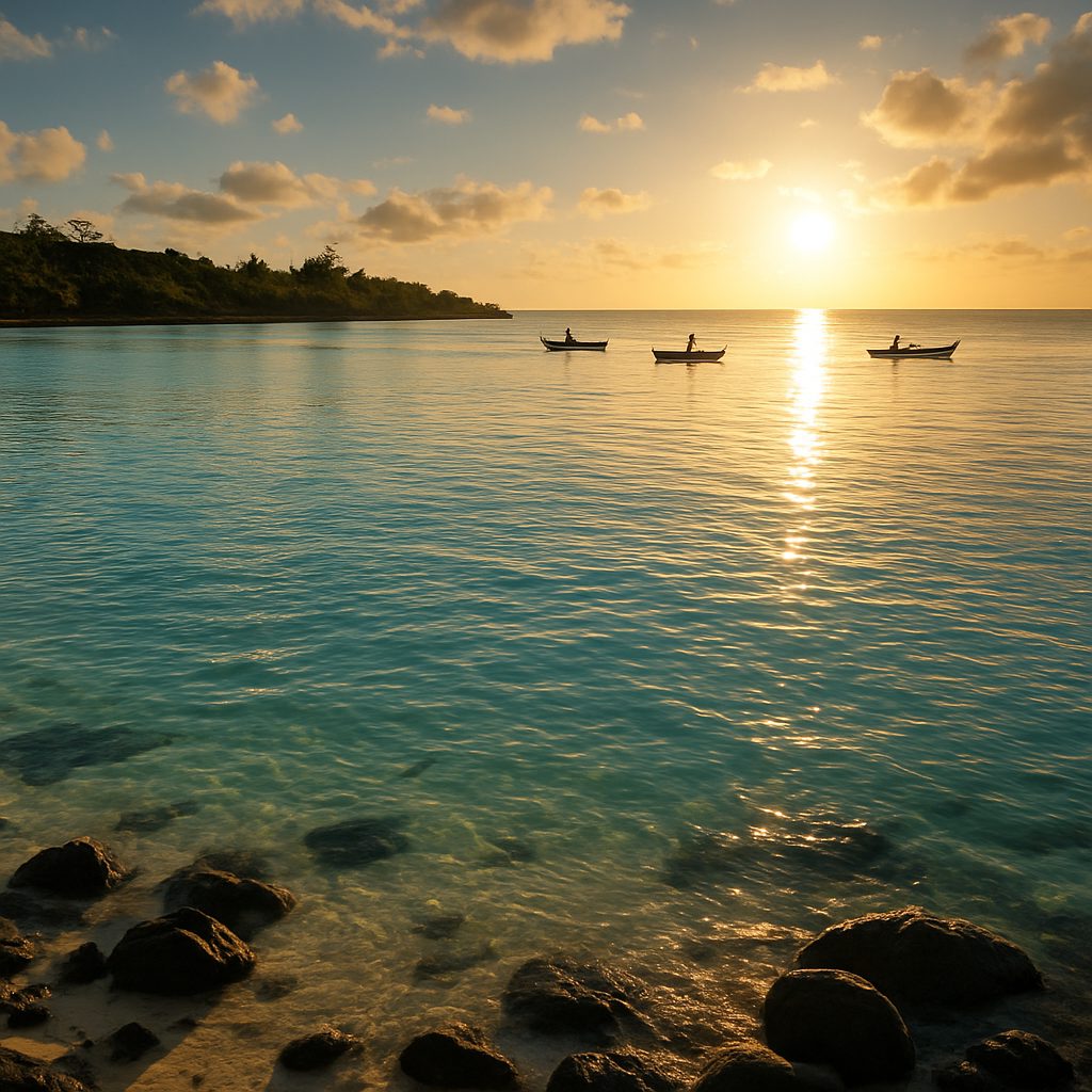 Lagon turquoise et calme de Blue Bay à l'île Maurice en fin d'après-midi, quelques pêcheurs au loin, lumière dorée rasante sur l'eau
