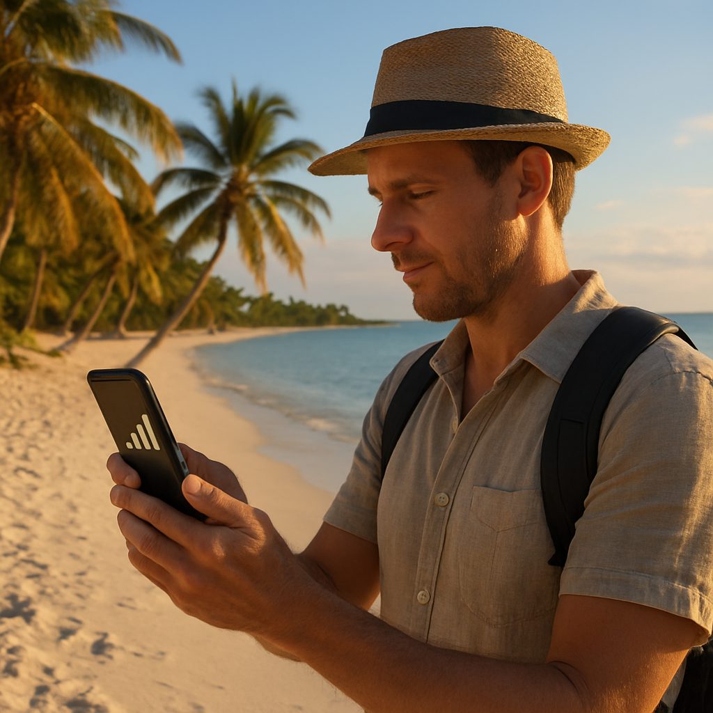 touriste consultant son smartphone affichant une barre de réseau 4G sur une plage de sable blanc bordée de cocotiers, île Maurice, lumière de fin d'après-midi