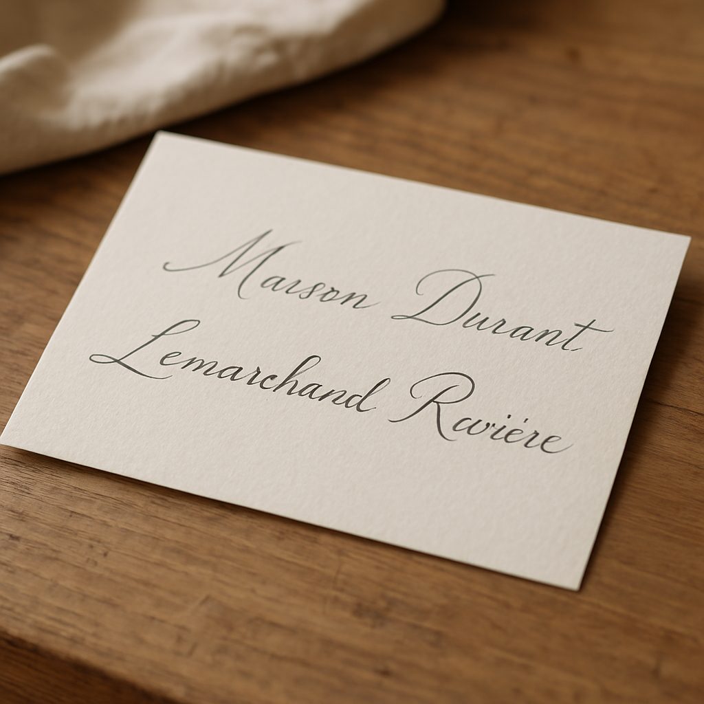 faire-part de mariage posé sur une table en bois, texte manuscrit visible mentionnant plusieurs noms de famille côte à côte, lumière naturelle douce, ambiance papeterie soignée