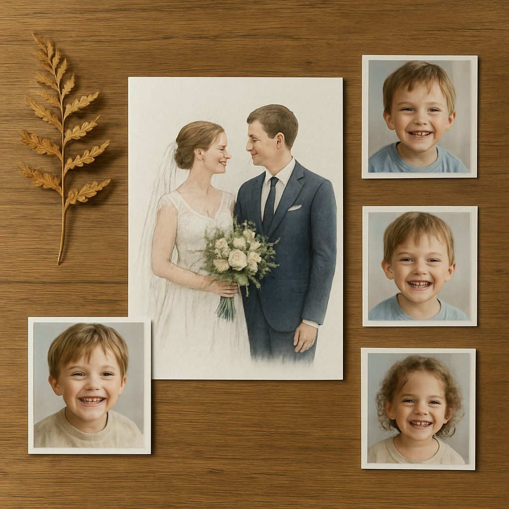 faire-part de mariage posé sur une table en bois avec un feuillage sec, entouré de petites photos d'enfants souriants