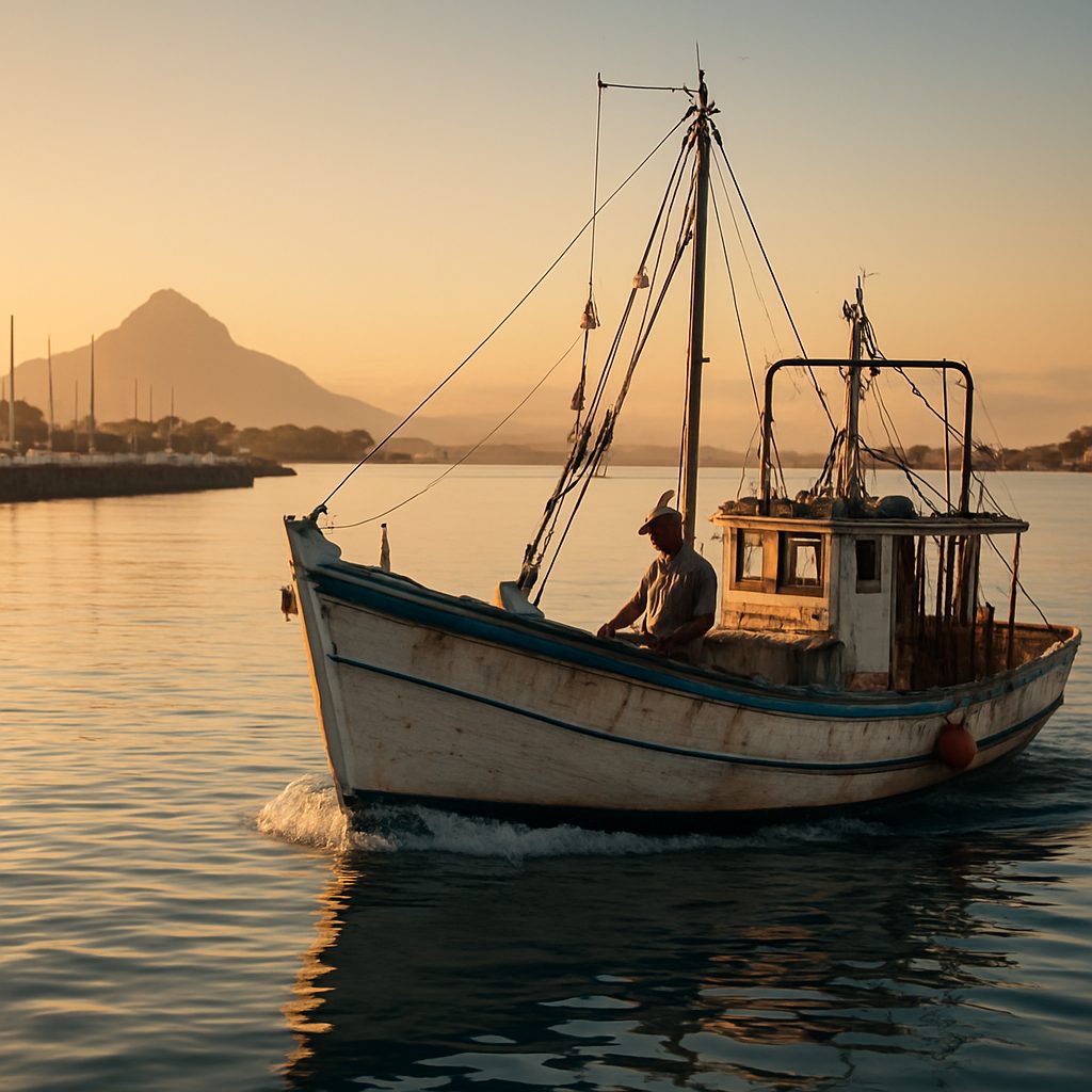 bateau de pêche quittant un port mauricien au petit matin, lumière rasante, capitaine local à la barre