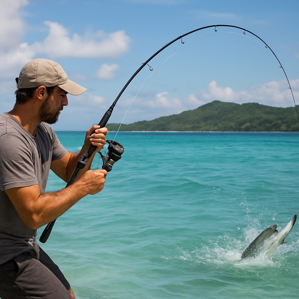 pêcheur en action tenant une canne courbée pendant un combat avec un poisson, mer turquoise en arrière-plan, côte mauricienne visible au loin