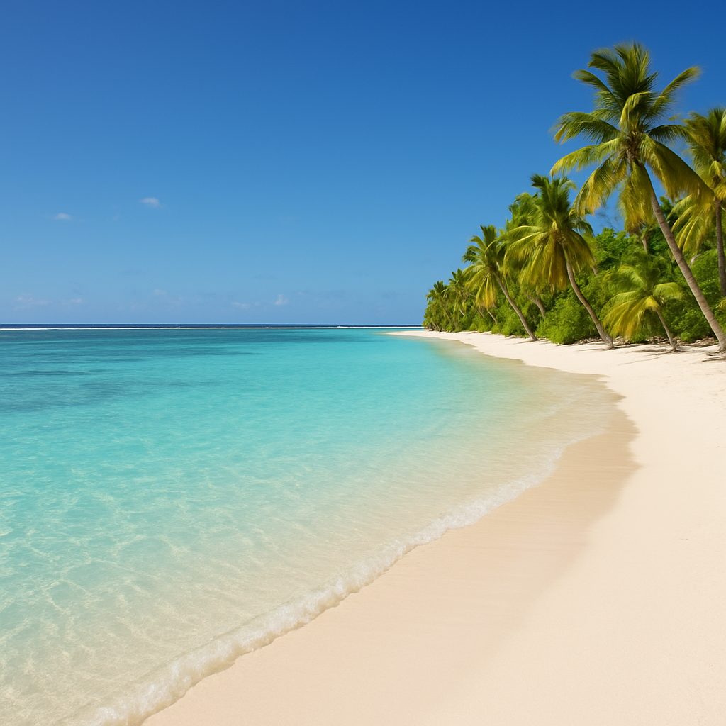 lagon turquoise peu profond bordé de sable blanc fin et de cocotiers, ligne d'écume blanche de la barrière de corail visible au loin, ciel dégagé en fin de matinée