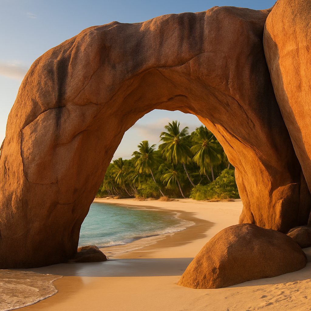 rochers de granit rose géants formant une arche naturelle au-dessus d'une plage de sable blanc bordée de cocotiers, lumière dorée de fin de journée