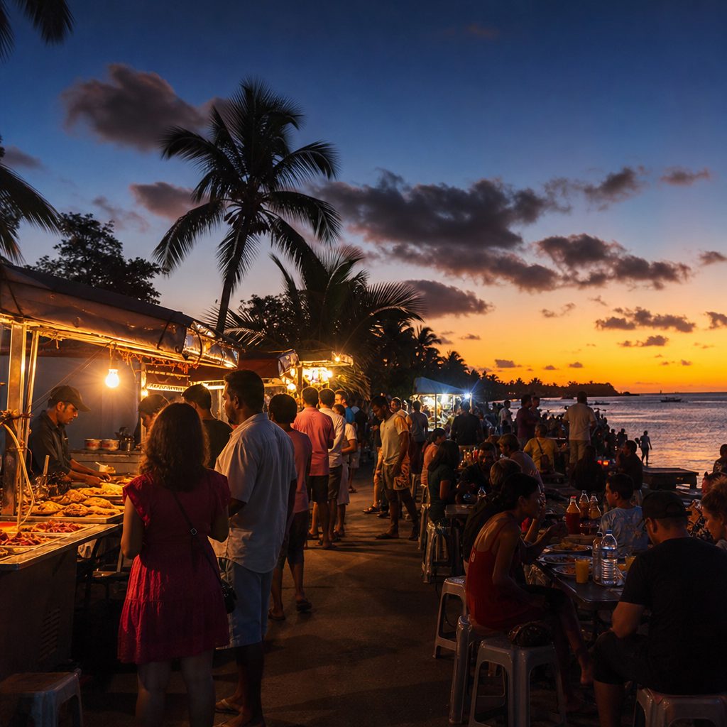 Marché nocturne en bord de mer à l'île Maurice, stands de street food illuminés, ambiance festive et conviviale au coucher du soleil