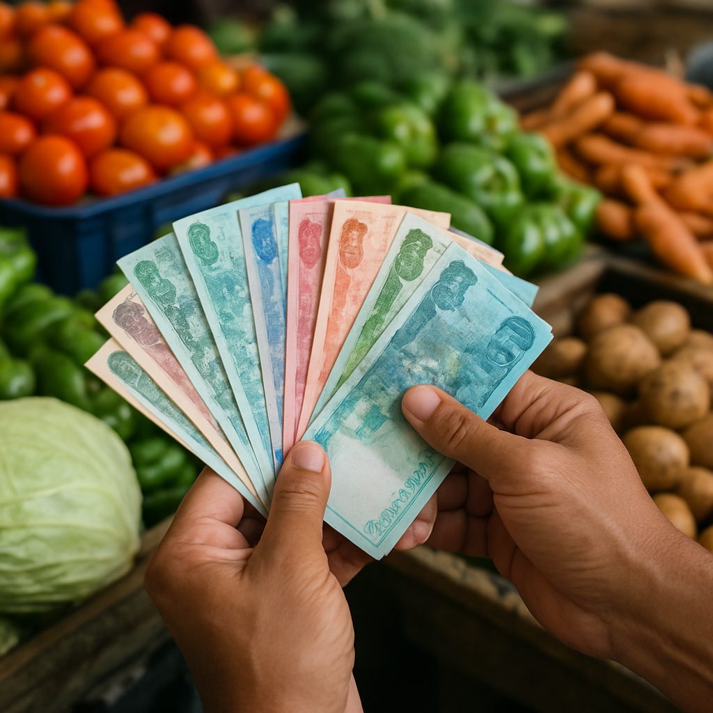 main tenant plusieurs billets colorés de roupies mauriciennes de valeurs différentes au-dessus d'un comptoir de marché local