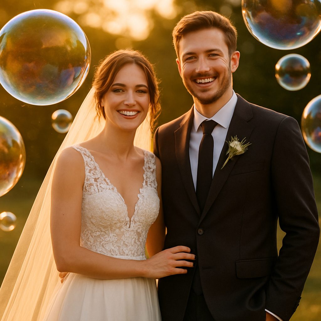mariés souriants entourés de bulles de savon géantes sous une lumière dorée de fin de journée
