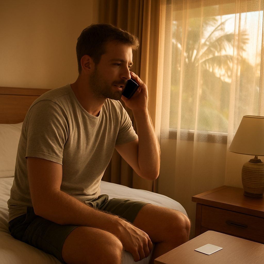 touriste assis sur un lit d'hôtel tropical, smartphone à l'oreille, carte bancaire vide posée sur la table de chevet, lumière de fin de journée filtrant par la moustiquaire de la fenêtre