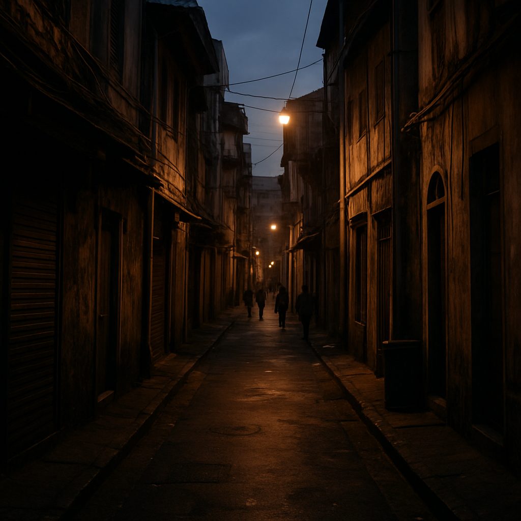ruelle étroite et densément peuplée de Port-Louis à la tombée de la nuit, éclairage public faible, façades vieillissantes, quelques passants au loin