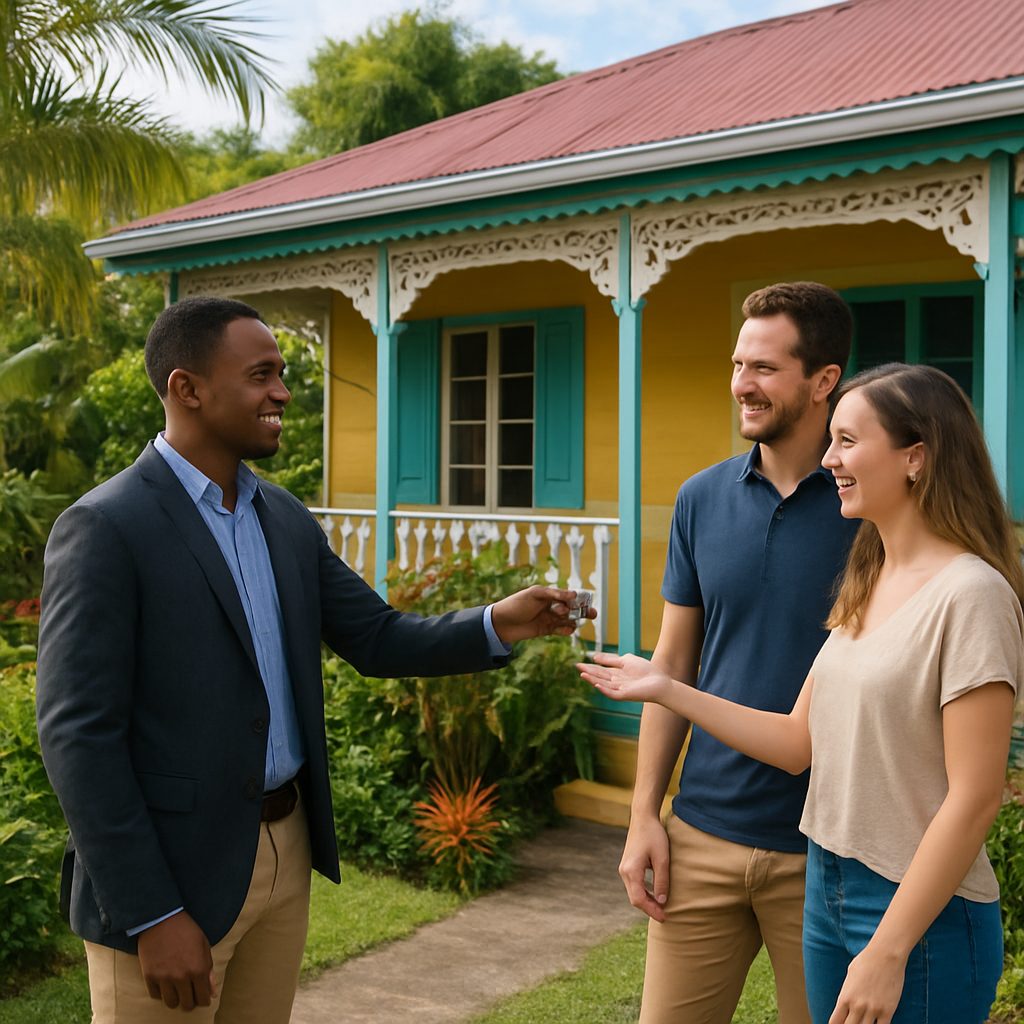 petite maison mauricienne colorée avec véranda et jardin tropical, agent immobilier montrant les clés à un couple d'expatriés