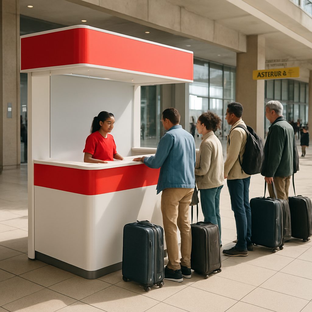 comptoir opérateur mobile avec enseigne Emtel dans le hall des arrivées de l'aéroport Sir Seewoosagur Ramgoolam, voyageurs faisant la queue avec leurs bagages