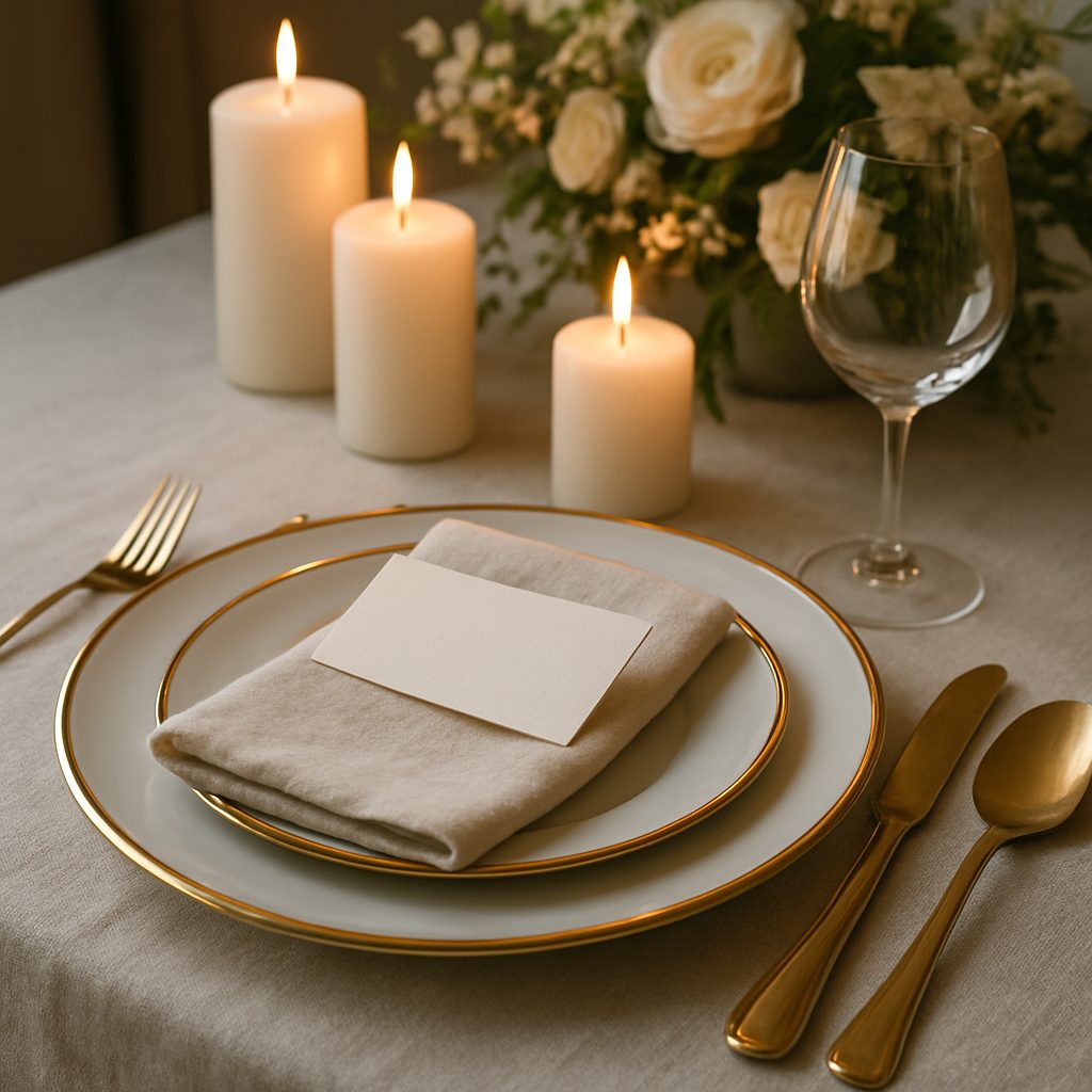table de mariage chic dressée avec vaisselle dorée, bougies allumées et petit porte-nom calligraphié posé sur une serviette en lin