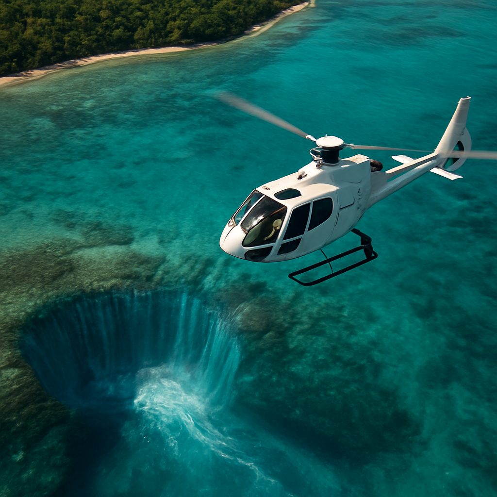 vue aérienne d'un hélicoptère survolant un lagon turquoise avec l'effet visuel de la cascade sous-marine près d'une île