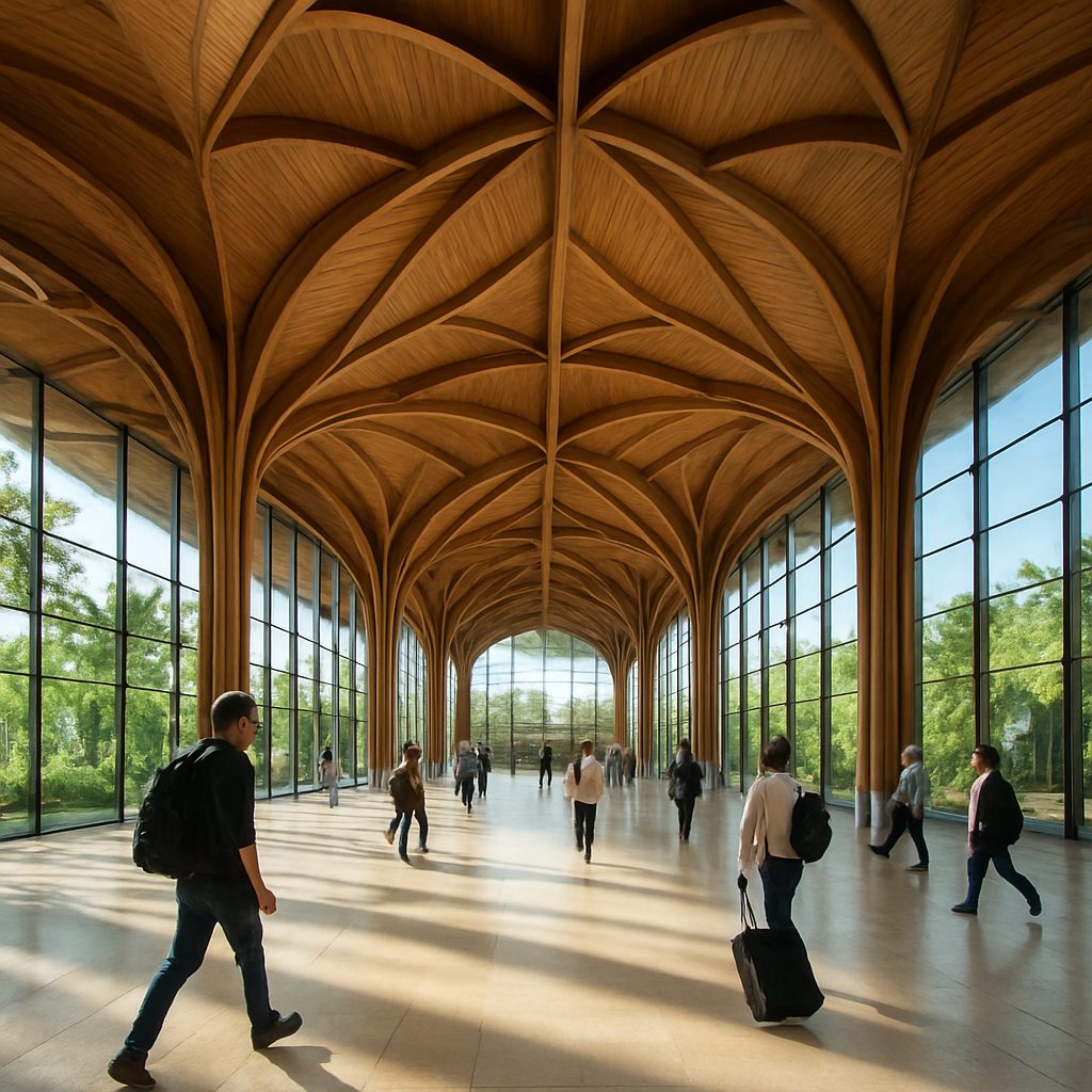 hall d'aéroport tropical moderne avec charpente en bois évoquant des feuilles de ravenala, grandes baies vitrées laissant entrer la lumière naturelle, voyageurs circulant en arrière-plan