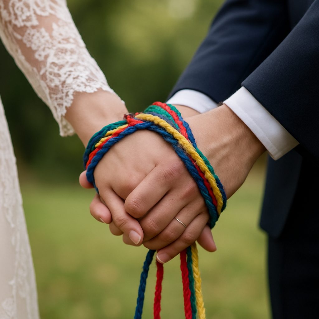 mains de jeunes mariés liées par des cordons colorés lors d'un rituel de handfasting en extérieur