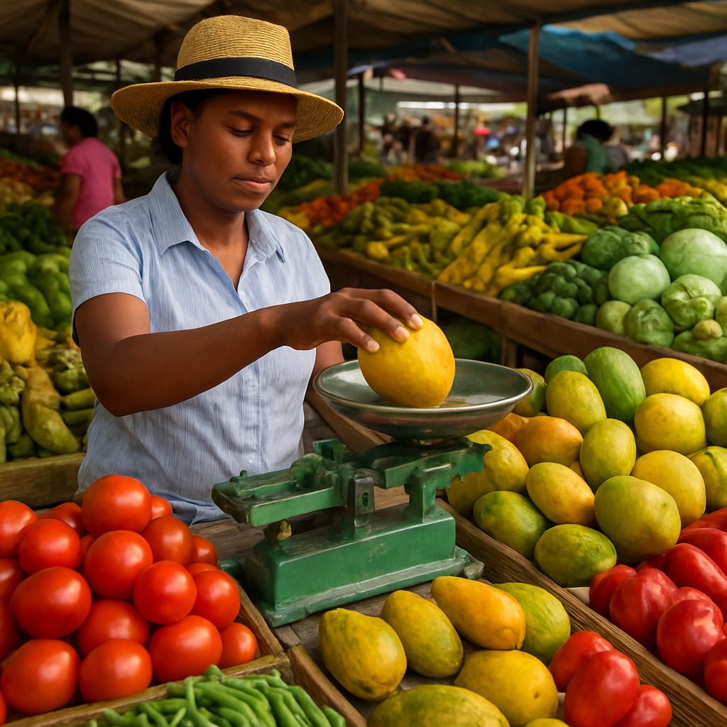 étal de fruits et légumes colorés sur un marché local mauricien en plein air, vendeuse pesant des mangues sur une balance manuelle