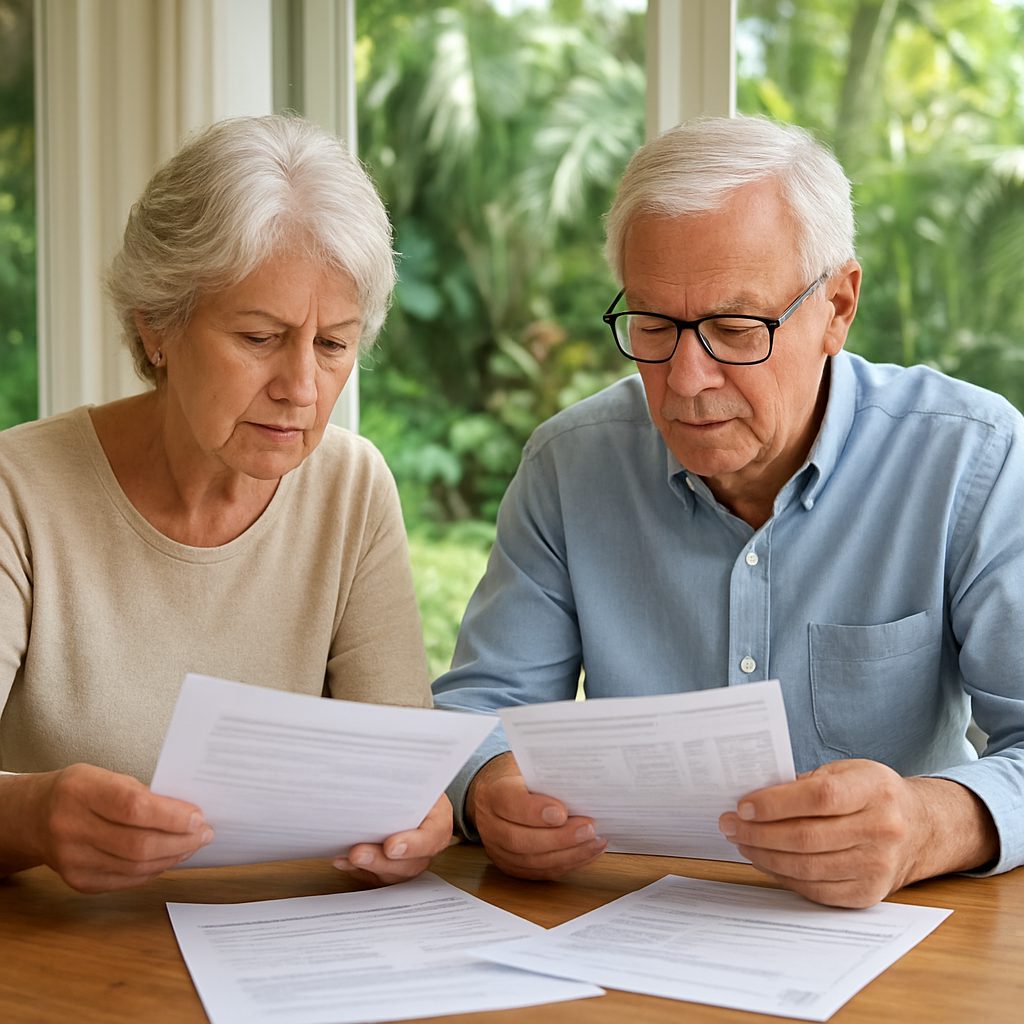couple de retraités consultant des documents administratifs et un relevé bancaire sur une table en bois, dans un bureau lumineux avec vue sur un jardin tropical en arrière-plan